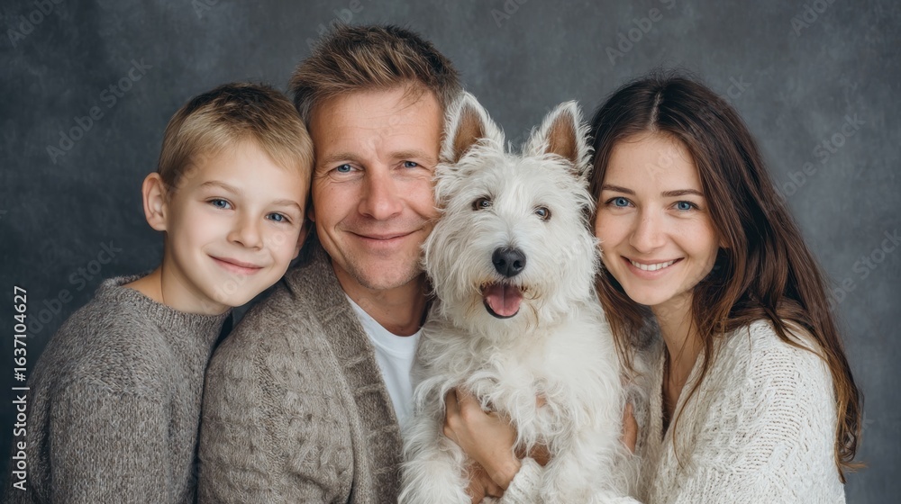 Happy Family Portrait with Adorable West Highland White Terrier Dog Happy Family Portrait with Adorable West Highland White Terrier Dog
