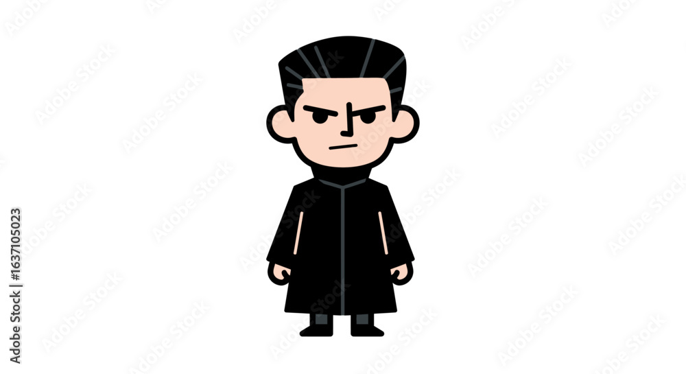 Minimalist cartoon character with sharp hairstyle, black outfit, and blue highlights. Perfect for game avatars, stickers, comics, and creative character design projects Minimalist cartoon character with sharp hairstyle, black outfit, and blue highlights. Perfect for game avatars, stickers, comics, and creative character design projects