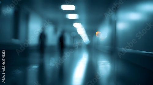 Blurred interior hallway with indistinct figures.