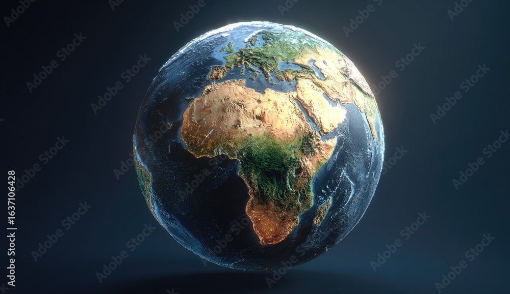 Fototapeta premium Earth globe, continents, detailed view, dark background, environmental concept