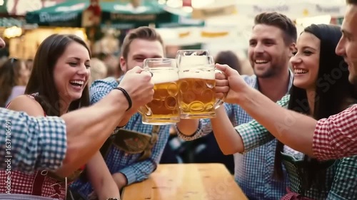 Group of friends laughing and toasting with beer mugs outdoors