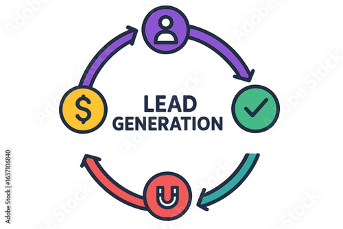 Lead generation cycle with icons representing money, approval, and user