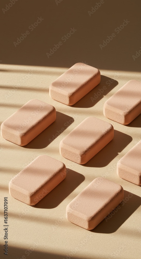 Fototapeta premium Minimalist Peach-Colored Objects in Sunlight on Beige Background