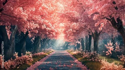 Serene pathway lined with cherry blossom trees, sunlight filtering through petals, tranquil ambiance