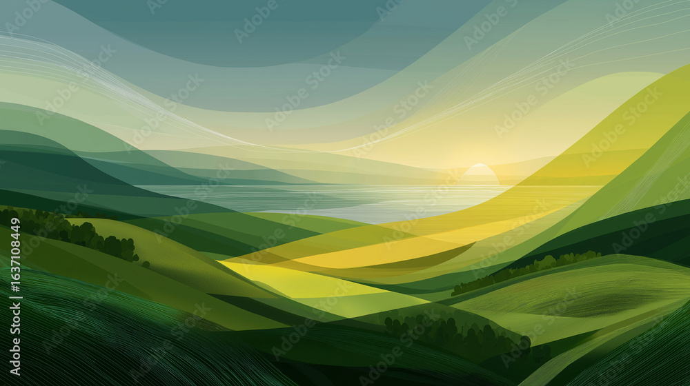 Obraz premium Scenic Overlook: An abstract landscape rendering waves of green, yellow, and blue, inspired by rolling hills and vast skies, creating a sense of depth and open space