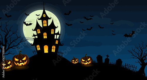Halloween Night Haunted House Vector Illustration
