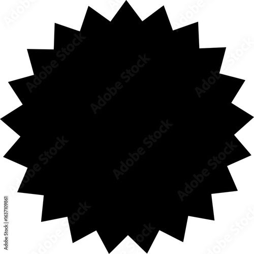 Black starburst shape icon, used in design for emphasis, explosion, or decorative graphic elements.