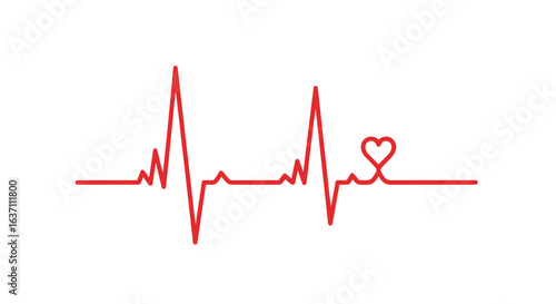 Red electrocardiogram line with a heart shape integrated at the end, against a white background, representing life and health.