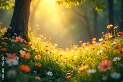 Enchanted fairy meadow bathed in soft yellow sunlight Delicate wildflowers and glowing flora create a magical, whimsical scene Perfect for fantasy, fairytale, or spring themes , blossom, magical