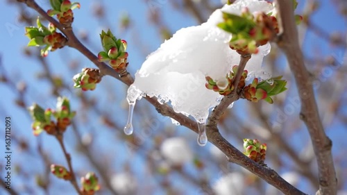 Spring Awakens With Buds And Melting Snow On Tree Branches