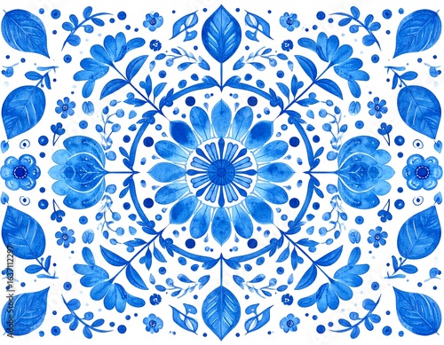 Intricate floral pattern in blue on white