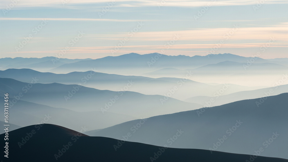Fototapeta premium Mountain Vista in Haze: Gentle sunlight caresses distant mountain ridges, shrouded in a dreamy atmospheric haze, creating a serene and tranquil scene of natural beauty and calm.