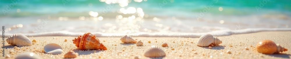 Obraz premium Seashells scattered across a sun-drenched beach, gentle waves lapping the shore, a tranquil scene of coastal serenity Perfect for travel, vacation, or summer themes , vacation, background