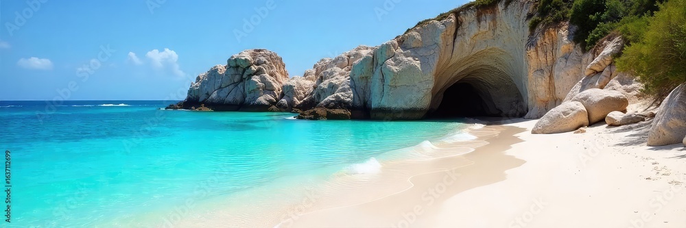 Fototapeta premium Secluded Cove Pristine White Sand Beach, Turquoise Water, Dramatic Rock Formations, Relaxation Escape