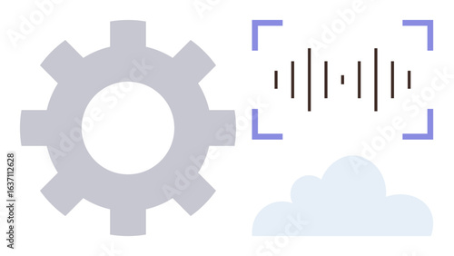 Gear representing automation, sound waves for voice recognition, cloud for cloud computing. Ideal for technology, innovation, automation, AI, cloud services, digital transformation voice interface