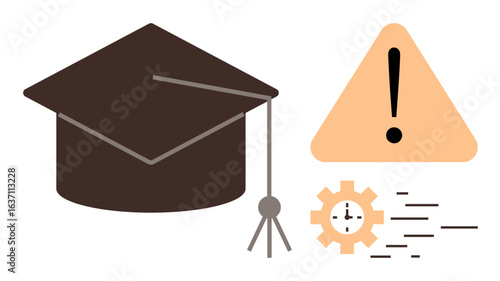 Graduation cap, warning sign, and gear with clock highlight issues in education, deadlines, and system efficiency. Ideal for education challenges, urgency, time management, risk solutions reform