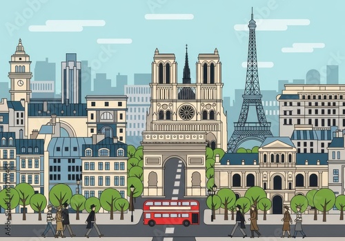 Fototapeta Naklejka Na Ścianę i Meble -  Parisian cityscape illustration featuring iconic landmarks and a vibrant street scene