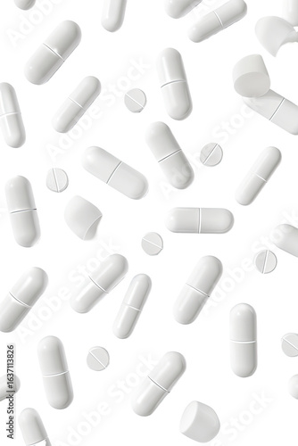 A scattered pattern of numerous white oblong pills against a black background