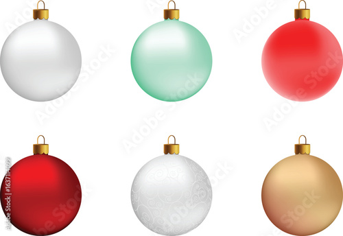Vector. 3d Christmas decorative balls isolated on white background. Holiday decorations. Xmas tree ornaments collection.