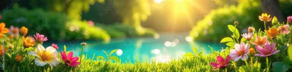 Fototapeta premium A vibrant summer scene featuring sun-drenched greenery, blooming flowers, and sparkling water, perfect for promoting summer fundraising events or initiatives , water, happy, financial aid
