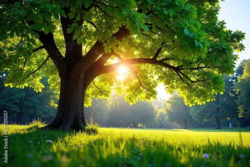 A vibrant summer scene featuring lush green foliage under the warm afternoon sun, highlighting the dense canopy of a bole tree providing shade , park, bark