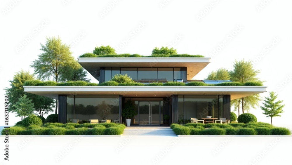 Modern house with a green roof and lush landscaping, showcasing eco-friendly design principles. It features large windows, a flat roof with plants, and well-manicured gardens Modern house with a green roof and lush landscaping, showcasing eco-friendly design principles. It features large windows, a flat roof with plants, and well-manicured gardens