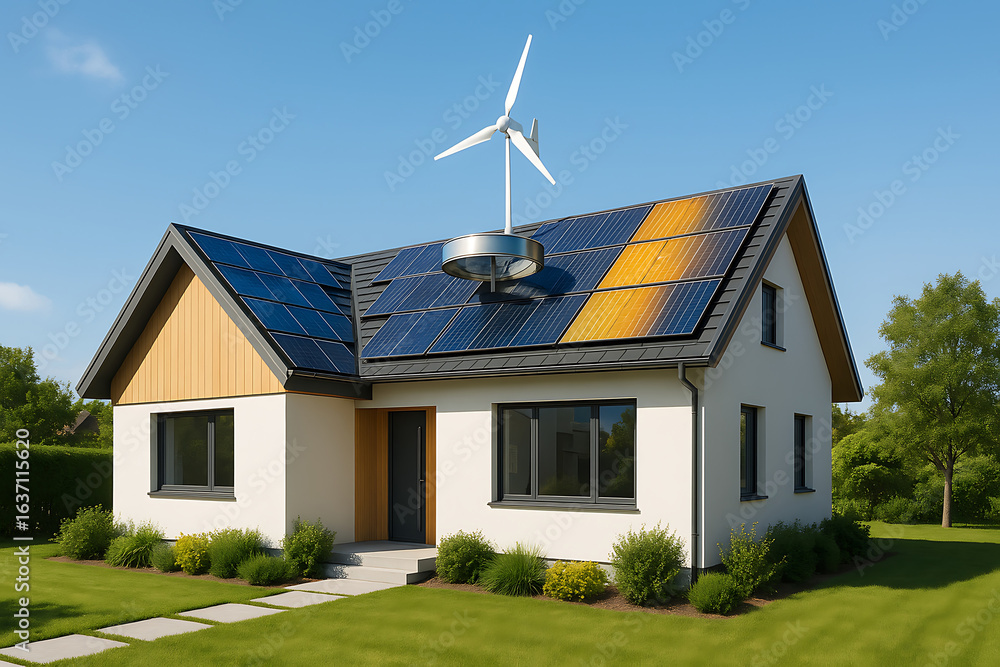 Obraz premium 太陽光発電と風力で暮らす未来型モダン住宅