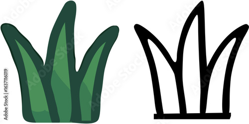 Two stylized illustrations of grass blades, one colored, one outlined.