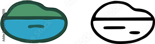 Two minimalist landscape icons, one in color and one in black outline, depicting a serene lake and a green hill against a white background.