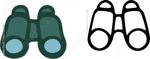 Two illustrations of binoculars; one colored, one outlined.