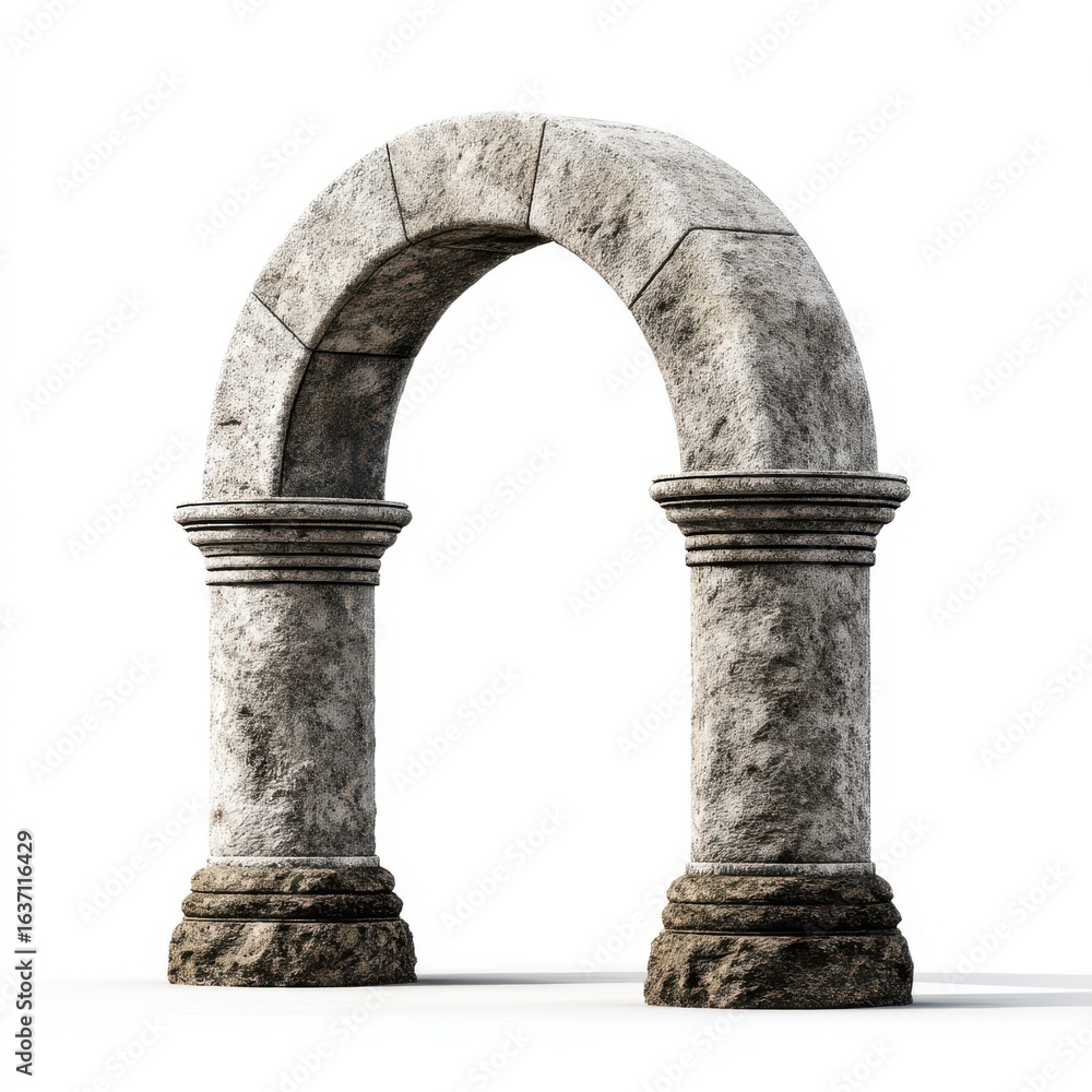 Fototapeta premium Ancient stone archway with weathered texture and classical architectural details on a white background
