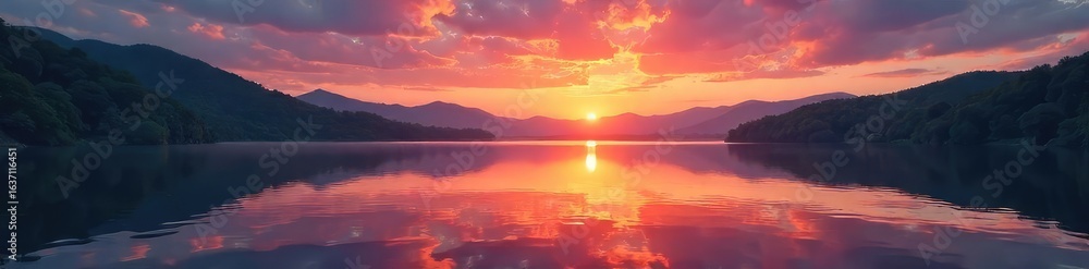 Naklejka premium Serene landscape of a tranquil lake reflecting a vibrant sunset, perfect for relaxation and meditation Ideal for websites, apps, or presentations needing a peaceful atmosphere , zen, evening