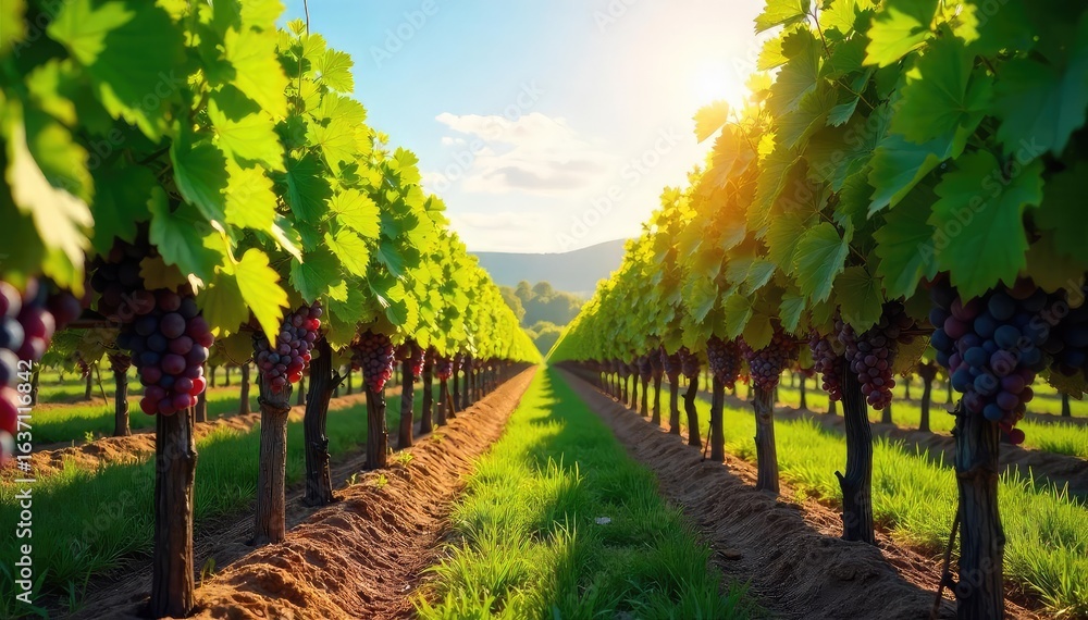 Fototapeta premium Sun-drenched rows of grapevines stretch across a picturesque vineyard, lush green leaves and ripening grapes hanging heavy on the vines A tranquil scene of agricultural beauty , sun, green, vine