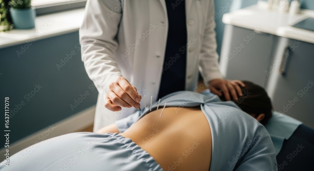 Obraz premium Acupuncture treatment on a woman's back