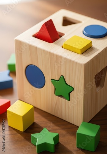 Wooden shape sorter toy with assorted colorful geometric blocks for toddlers