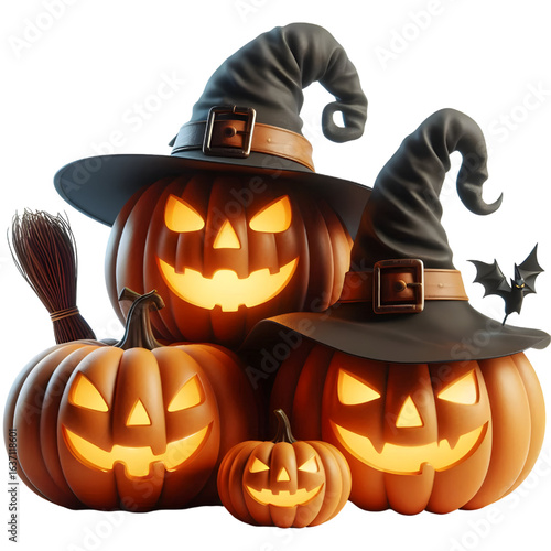 Jack-o-Lantern pumpkins wearing witch hat isolated on white background. Happy Halloween concept. Traditional october holiday. 3D render illustration