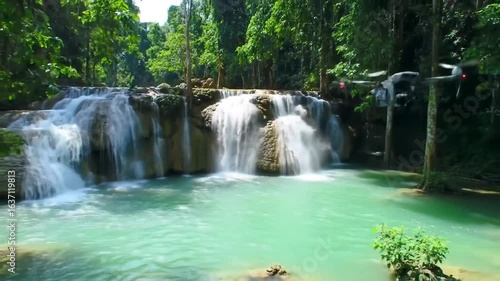 Turquoise Water Cascading Down a Verdant Waterfall with Trees