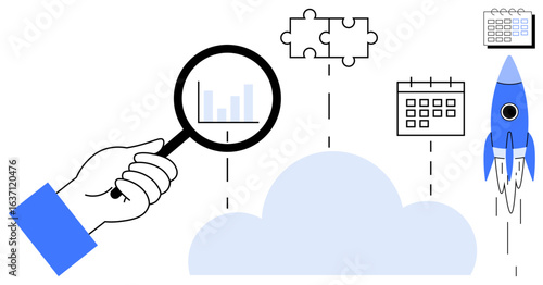 Magnifying glass analyzing data chart, cloud connecting puzzle pieces, calendar, and rocket launch. Ideal for planning, problem-solving, innovation, teamwork goal-setting strategy vision. Simple