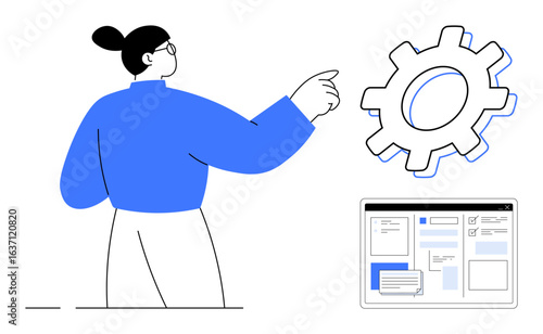 Person pointing at a gear symbol beside a digital interface screen. Ideal for teamwork, strategy, innovation, problem-solving, collaboration, business operations, and digital systems as a simple flat