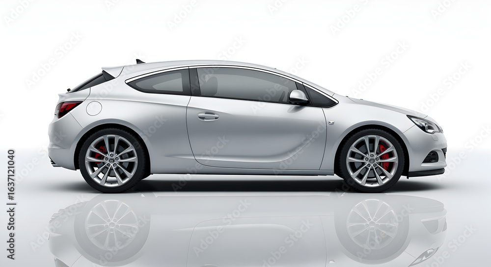 Obraz premium Silver Coupe Car Displayed in a Side View with Red Brake Calipers on a Bright White Background