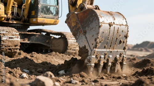 A close-up shot of a yellow excavator digging into the earth, capturing the essence of heavy machinery in action