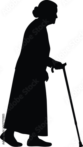 Vector art of silhouette of an old woman walking with a cane isolated on white background