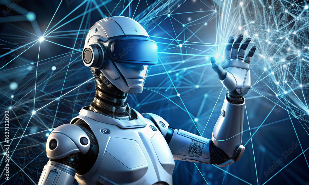 Naklejka premium A robot wearing a VR headset interacts with virtual reality