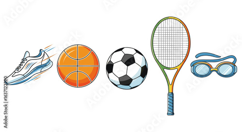 Sports equipment vector illustration featuring basketball soccer tennis swimming and running gear items
