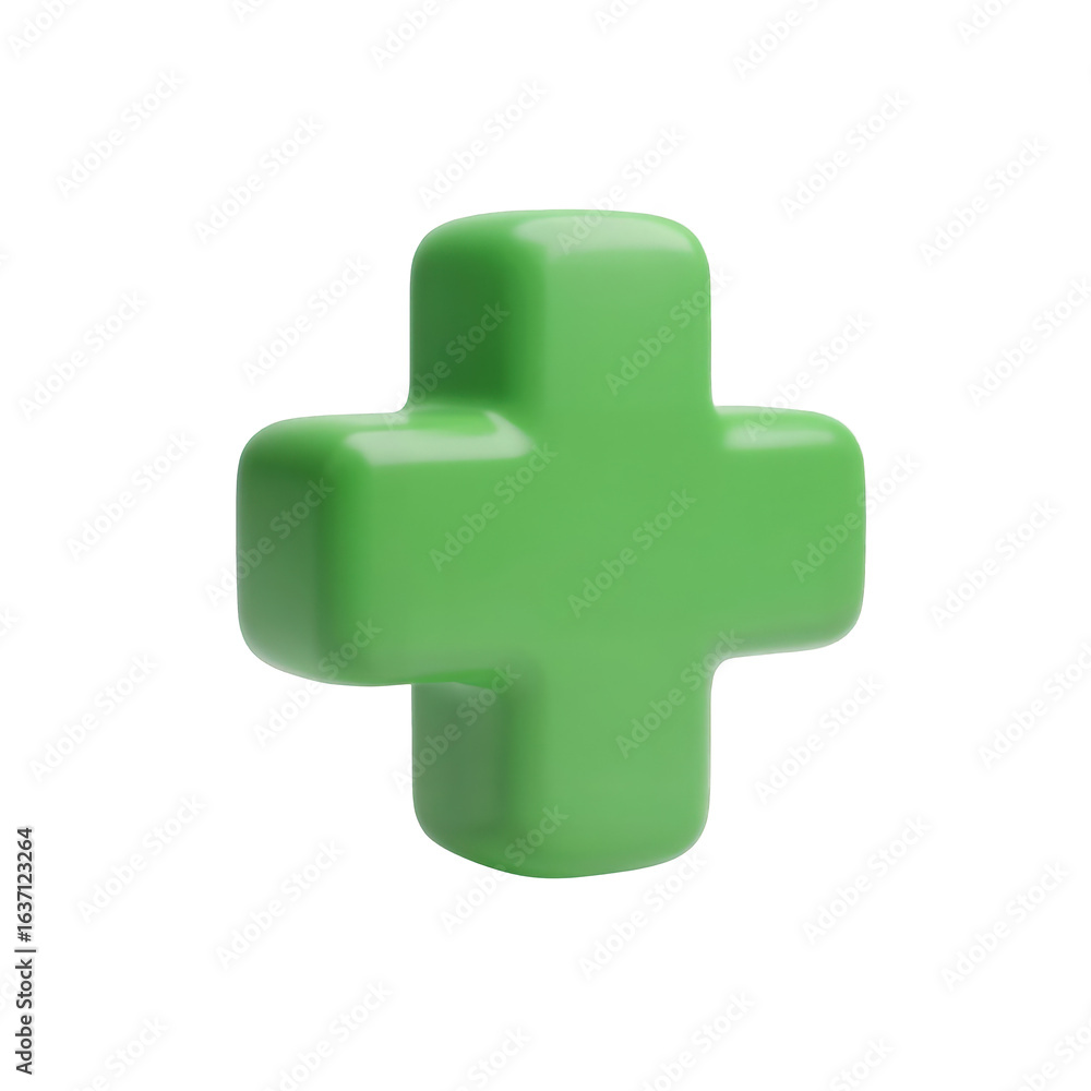 Obraz premium Green plus sign 3D glossy icon. Medical health care symbol for first aid, pharmacy, or hospital. Isolated on a transparent background.