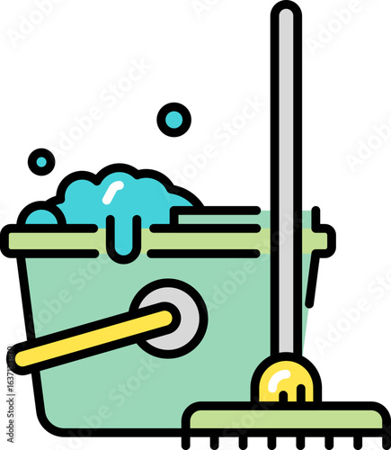 Cleaning supplies in bucket line icon