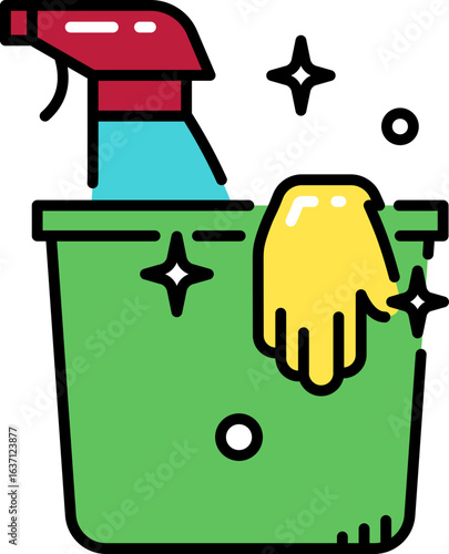 Cleaning supplies in bucket line icon
