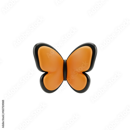 3D Butterfly Icon. Orange and black insect illustration on an isolated  transparent background. Minimalist nature symbol for spring and summer.