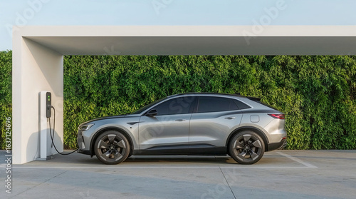 A sleek silver electric SUV is charging under a modern white canopy, against a backdrop of lush green foliage. Sustainable transport.