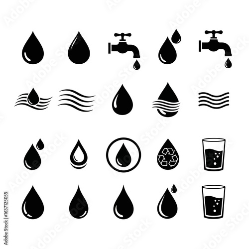 Black and white vector icons featuring water droplets, faucets, waves, and drinking glasses, symbolizing hydration, purity, and conservation.